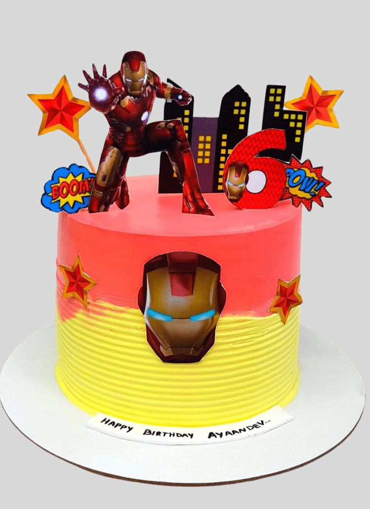 Iron Man Mask Cake with Red Background and Yellow Dots