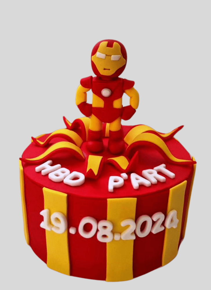 Iron Man Mask Cake with Red and Yellow Strips Base