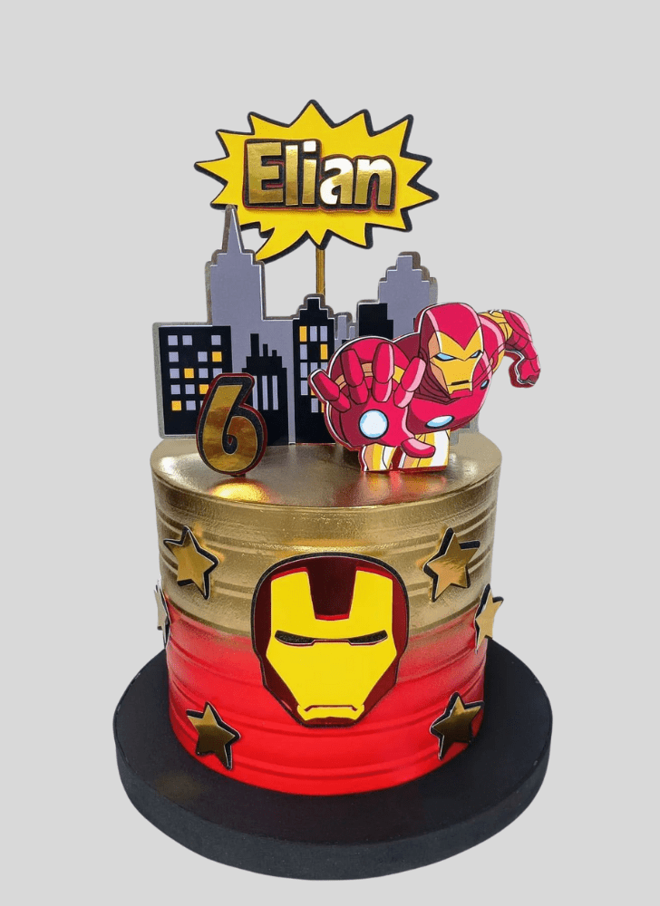 White Iron Man Cake with Red Strip Base