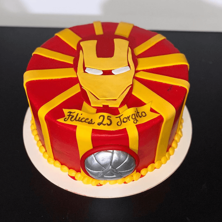 Iron Man Mask Cake with Red and Yellow Strips Base