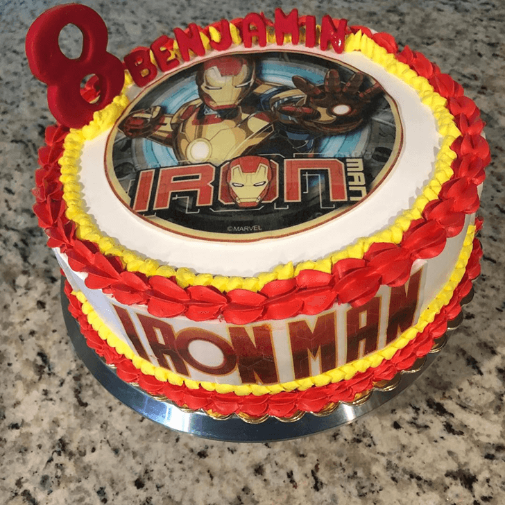 White Iron Man Cake with Red Strip Base